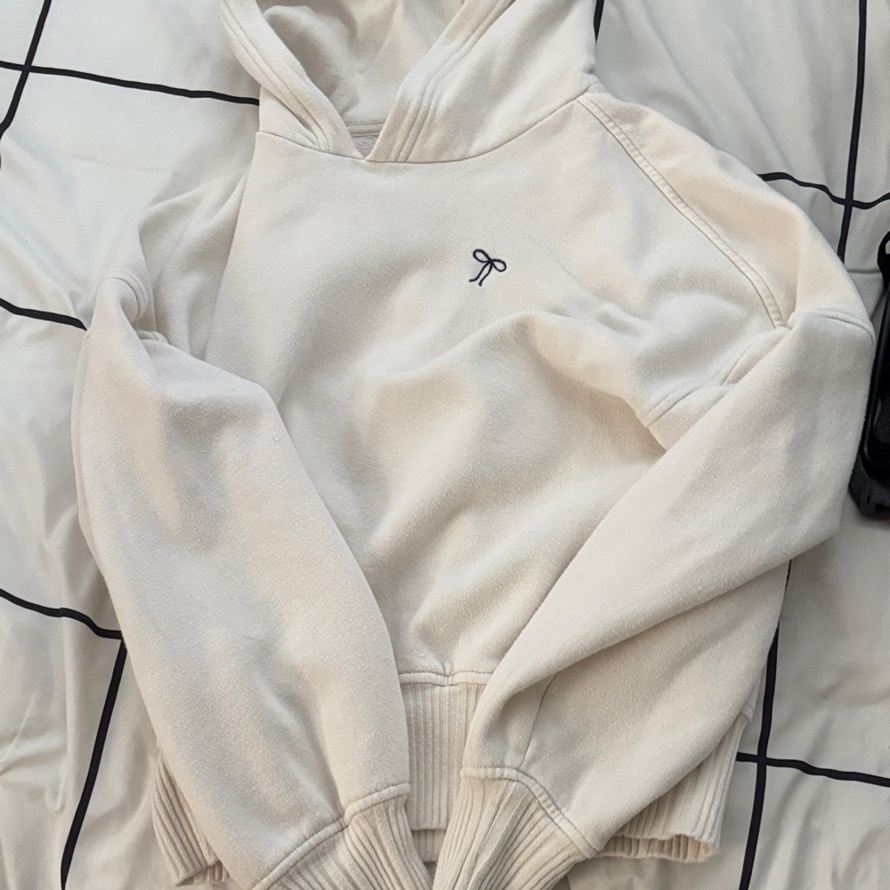 Aerie Cream Textured Hoodie with embroidered Bow Women’s S